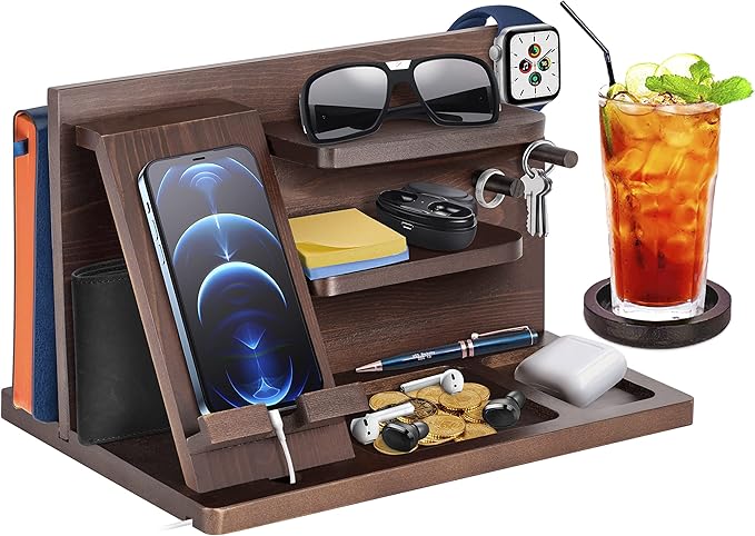 Gifts for Men Bedside Organiser Wood Phone Docking Station Dad Birthday Gifts for Him Nightstand Key Wallet Watch Stand Mens Gifts for Xmas Presents for Dad Husband Boyfriend Anniversary &amp Christm