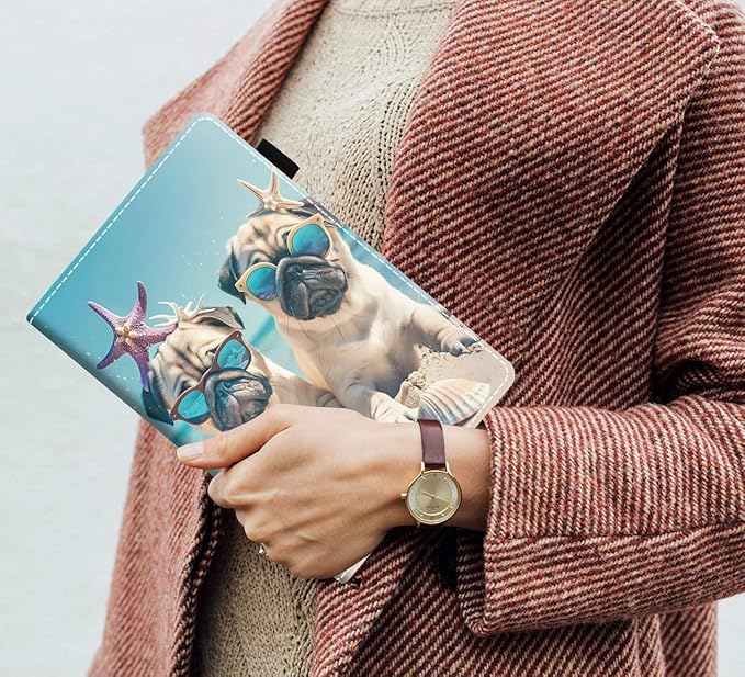 Case for Amazon Kindle Fire 7 Tablet (7 9th/7th Generation 2019/2017 Release) Slim PU Leather Cover with Card Slot &amp Auto Wake/Sleep Cute Pug on The Beach