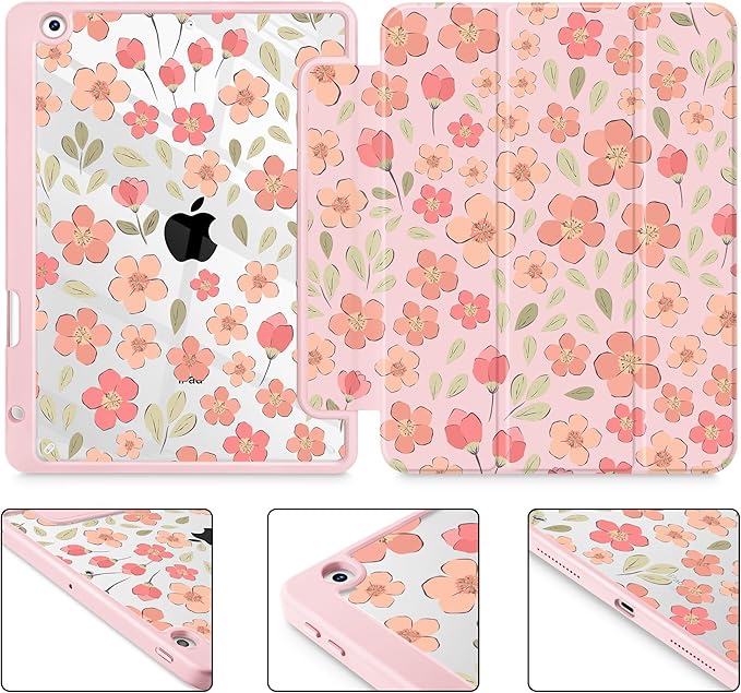 May Chen for iPad 9th Generation with Pencil Holder iPad 8th/7th Gen Case 10.2-inch [Penceil Holder] Trifold Stand Auto Wake/Sleep Clear TPU Protection Back Cover Pink Small Flowers