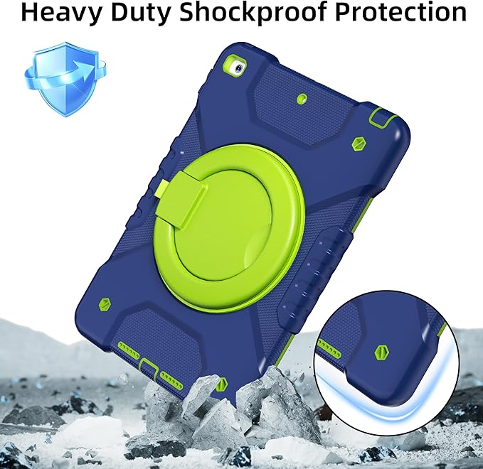 Case for iPad 9th/8th/7th Generation 10.2 inch Shockproof Cover with Screen Protector/360° Rotating Handle/Bracket/Pen Holder/Shoulder Strap Kids Case for iPad 2021/2020/2019 (Navy+Green)