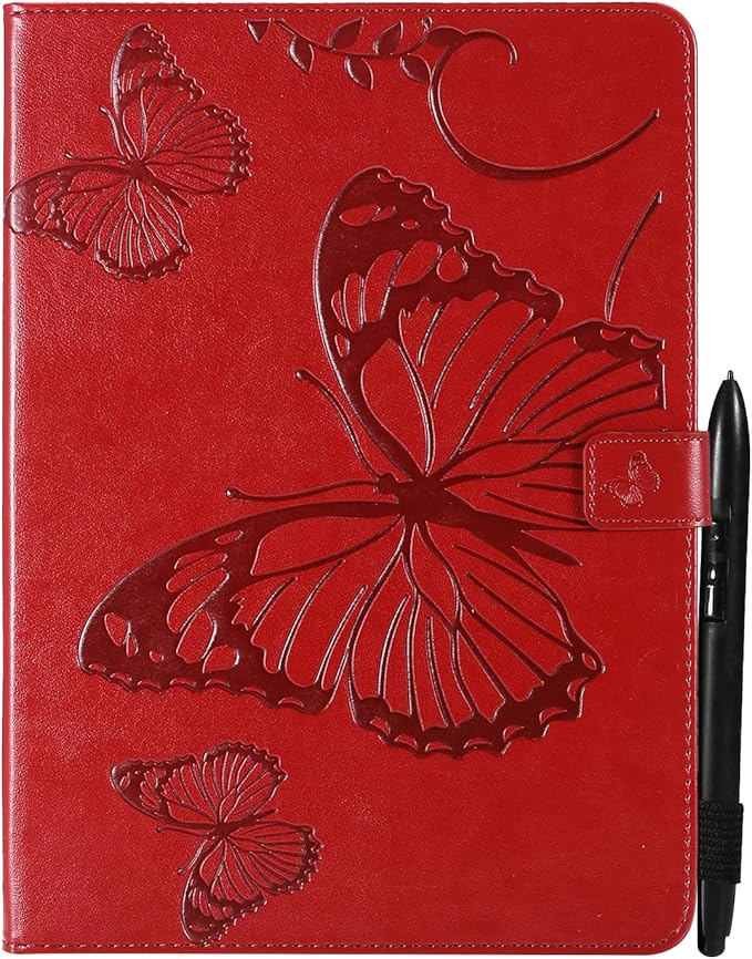 for Kindle Fire HD 10 &amp HD 10 Plus Case 13th/11th Generation 10.1 (2023/2021) Stand Embossed PU Leather Magnetic Wallet Cover with Pencil Holder/Pockets [Auto Wake/Sleep] Red Butterfly