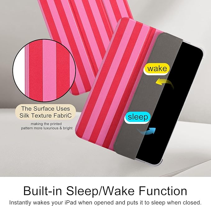 case for ipad 11th Generation11 Inch 2025 (A16 Chip) &amp 10th Gen 10.9 Inch 2022 - Slim Scratch-Resistant Hard PC Translucent Back Shell Smart Cover Wake/Sleep Function Red Pink Stripes