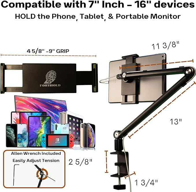 Stand for 16 Inch Portable Monitor - Heavy Duty Aluminum Mount with Infinite Angle Adjustment Built-in Cable Management - Fits iPad Pro 12.9 Tablets iPhone (Holds 4.7-16 Devices)