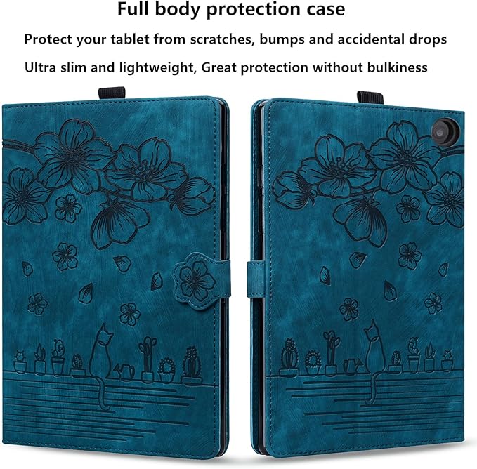 for Amazon Kindle Fire HD 8 &amp Fire HD 8 Plus Case 12th/10th Generation (2024/2022/2020) 8 UUcovers Embossed PU Leather Folio Magneic Cover with Stand/Pencil Holder Cherry Blossom Blue Cat