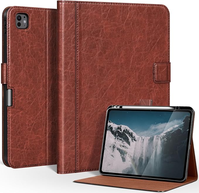 Genuine Leather Case for iPad Pro 13 Inch M5 2025 / M4 2024 Premium Folio Cover with Pencil Holder Auto Wake/Sleep &amp Adjustable Stand - Vintage Red Brown