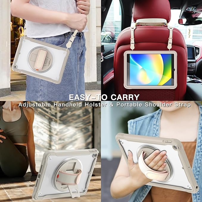 BRAECNstock for iPad 9th/ 8th/ 7th Generation Case 10.2 2021/2020/2019Shockproof Cover with 360° Rotating Hand Strap/StandScreen ProtectorCarrying Shoulder StrapPencil Holder(Khaki)