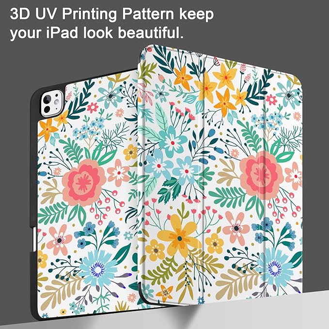 DONGKE Case for iPad Pro 13 inch (M5 2025 / M4 2024) – [Built-in Pencil Holder] Ultra Slim PU Leather Trifold Stand Cover with Soft TPU Back Auto Wake/Sleep - Flower
