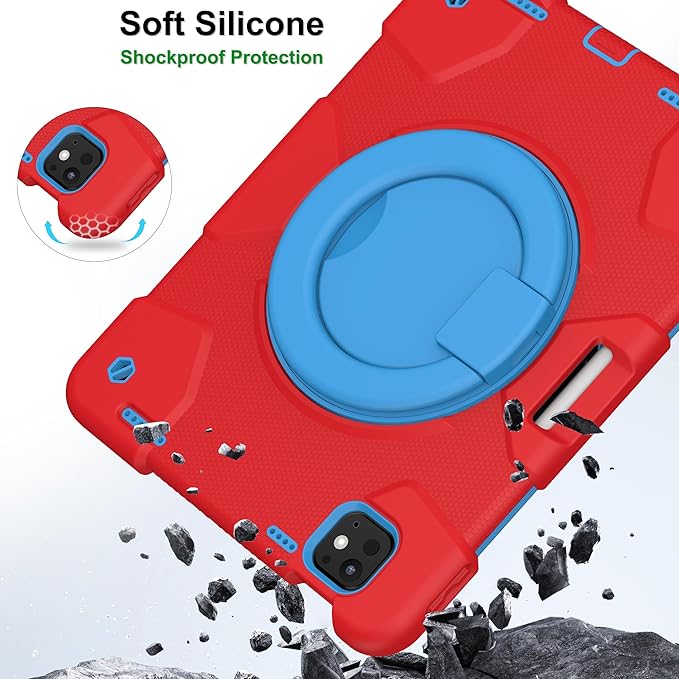 Case for iPad Pro 11 Inch M4 2024/M5 2025 Case Heavy Duty Shockproof Cover with Screen Protector/360° Rotate Stand/Shoulder Strap/Pencil Holde (Red+Blue iPad Pro M4/M5 11 inch)