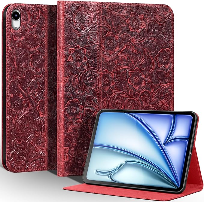 Gexmil Leather Case for iPad Air 11 Inch M4/M3/M2 (2026/2025/2024)iPad Air 10.9 Inch 5th/4th Generation 2022/2020 Top Grain Leather Cover Auto Sleep/Wake Adjustable StandFloral Red