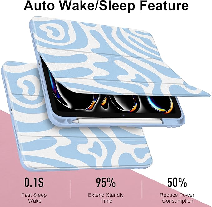 Case for iPad Pro 11 Inch (M5 2025 M4 2024) – [Built-in Pencil Holder] Shockproof &amp Stylish Clear Hard Back + Soft TPU Edge Magnetic Trifold Stand Auto Wake/Sleep Blue Wave