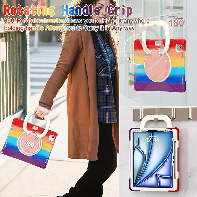 MEEgoodo Case for iPad Air 13 inch 2025 (M3) /2024 (M2) &amp iPad Pro 12.9 Case 6th/5th/4th/3rd Generation 2022 2021 2020 2018 Tablet Cover with Pencil Holder/Rotating Stand/Shoulder StrapColourful