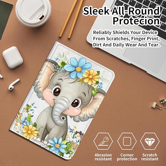 Case for iPad (A16) 11th Generation 11 Inch 2025/10th Generation 10.9 Inch 2022 PU Leather Smart Protective Cover with Auto Sleep/Wake for iPad 11/10 GenFlower Elephant
