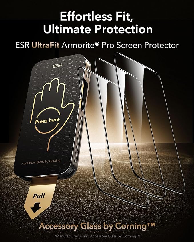 ESR Accessory Glass by Corning™ 3 Pack 9H+ Glass for iPhone 16 Pro Max Screen Protector Military Grade Shatterproof &amp Durable with UltraFit Tray