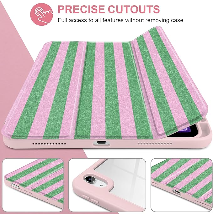 DONGKE Case for iPad Air 11-inch M4 2026 &amp M3 2025 &amp M2 2024 iPad Air 5th/4th Generation 10.9 2022/2020 [Built-in Pencil Holder] Clear Acrylic Back Trifold Stand Smart Cover Green Stripes
