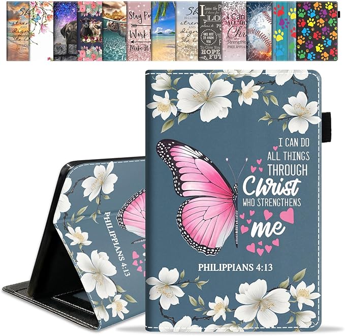 Case for Amazon Kindle Fire HD 10 &amp 10 Plus Tablet 10.1 (13th/11th Generation 2023/2021 Release) - Premium PU Leather Cover with Auto Sleep Wake Floral Butterfly Bible Verse Philippians 4:13