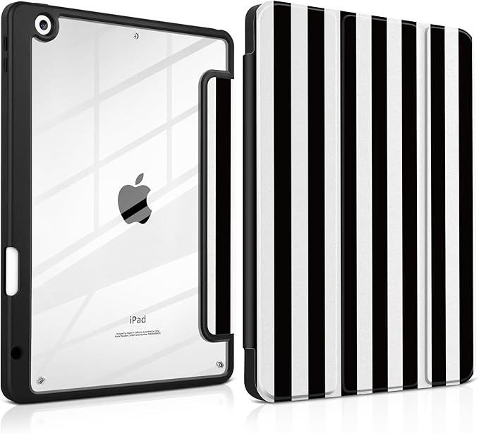 DONGKE for iPad 9th/8th/7th Generation Case 10.2 Inch (2021/2020/2019) [Auto Sleep/Wake &amp Pencil Holder] Clear Acrylic Back Trifold Stand Cover Black Stripes