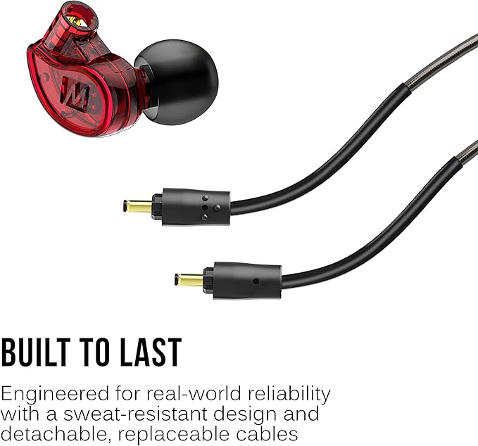 MEE audio M6 PRO In Ear Monitor Headphones for Musicians 2nd Gen Model With Upgraded Sound Memory Wire Earhooks &amp Replaceable Cables Noise Isolating Professional Earbuds 2 Cords Included (Red)