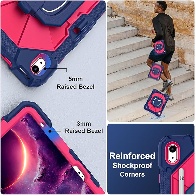 Case for iPad (A16) 11th Generation 11 Inch (2025) / iPad 10th Generation Case 10.9 Inch (2022) with 360° Rotating Stand Screen Protector Pen Holder Shoulder Strap Navy Pink