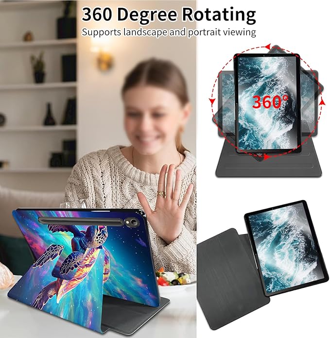 Case for Samsung Galaxy Tab S10 FE 10.9 2025/S9 FE 10.9 Inch/S9 11 Inch 2023 with S Pen Holder360 Degree Rotating Stand PU Leather Cover with Auto Wake/SleepArt Turtle