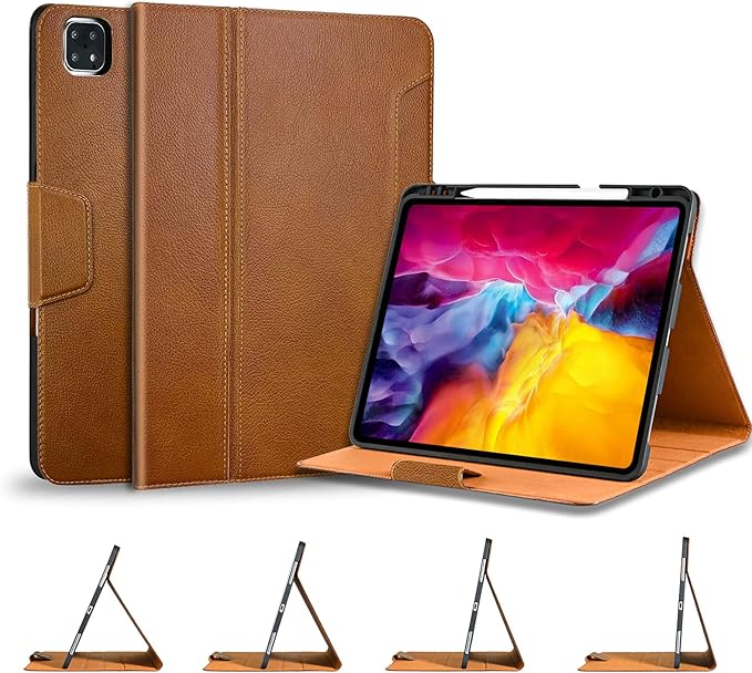Gexmil Case for iPad Pro 11 Inch4th/3rd/2nd/1st Generation(2022/2021/2020/2018) Genuine Leather Cover with Pencil HolderCowhide Folio CoverAuto Sleep/Wake Magnetic ClosureBrown