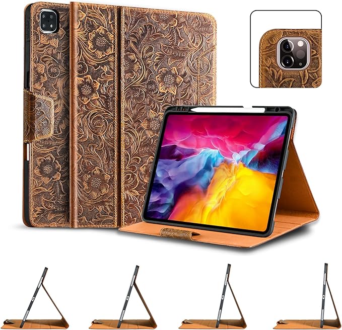 Gexmil Case for iPad Pro 11 Inch4th/3rd/2nd/1st Generation(2022/2021/2020/2018) Genuine Leather Cover with Pencil HolderCowhide Folio CoverAuto Sleep/Wake Magnetic ClosureFlower Brown