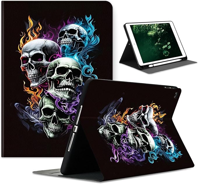 Compatible with iPad Air 13 inch Case (M3 2025 /M2 2024)/12.9 inch Case (6th/5th/4th/3rd 2022/2021/2020/2018) with Pencil HolderAuto Wake/Sleep Protect CoverCool Fire Skulls