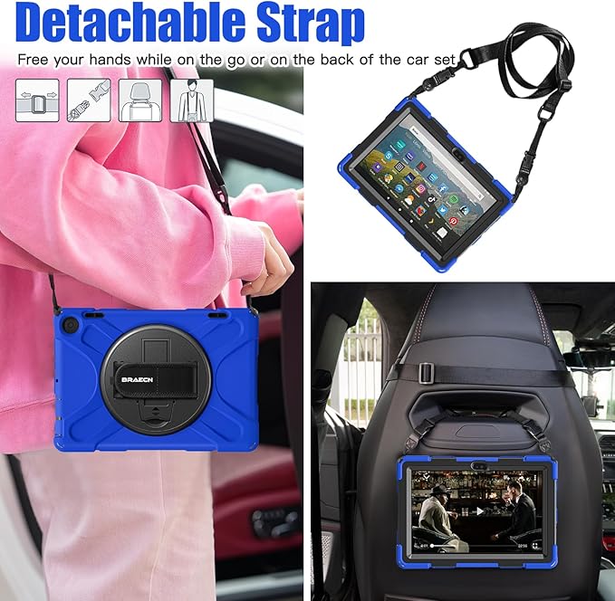 BRAECNstock for Amazon Fire HD 8 Tablet Case 12th Generation 2024/2022 8 inch with Rotating Hand Strap + Stand Shouler Strap Pen Holder Shockproof Rugged Kindle Fire HD 8 Protective Case Kids - Blue