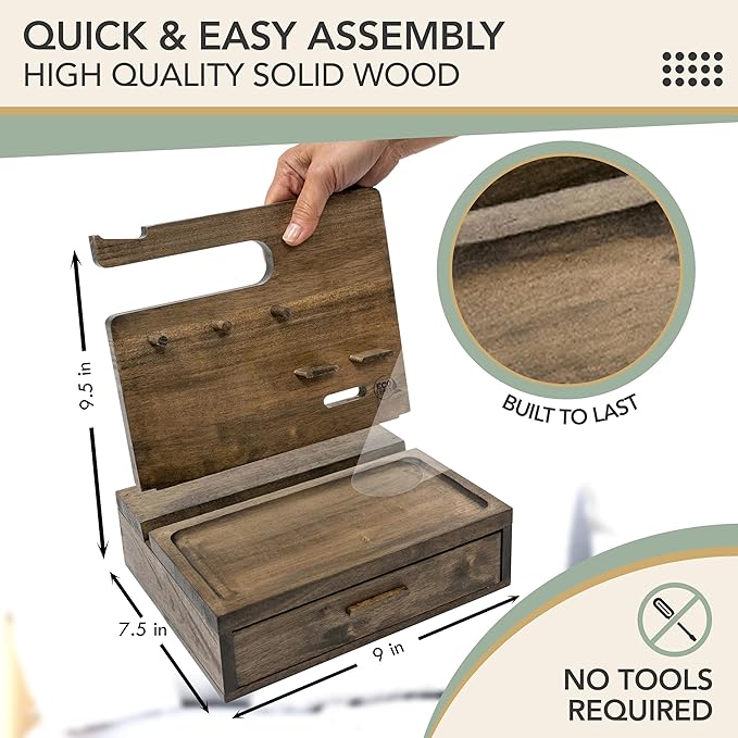 Nightstand Organizer for Men- Phone Docking Station with Drawer for Cellphone Watches Sunglasses &amp Accessories- Makes an Ideal Gift for Dad or Son (Rustic)