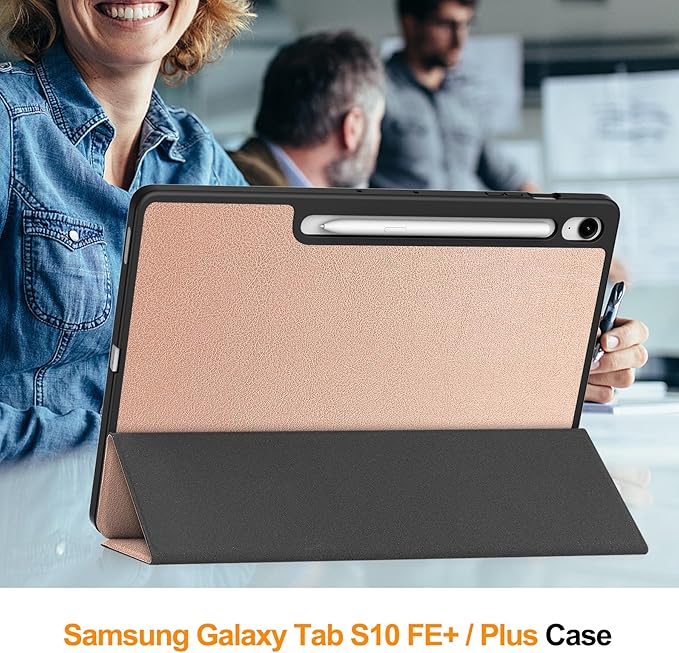 Case for Samsumg Galaxy Tab S10 FE+/S10 FE Plus 13.1 Inch 2025 (Model: SM-X620/SM-X626B) Trifold Stand Cover with S Pen Holder [Auto Wake/Sleep] PU Leather + Soft TPU Bumper Shell Rosegold