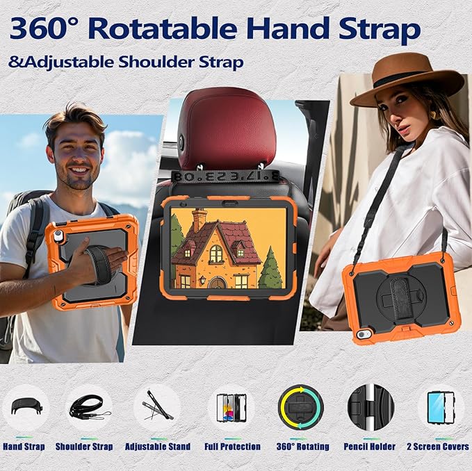 Weuiean Case for iPad A16 11th/10th Generation 11/10.9 Military-Grade Heavy-Duty Shockproof Cover with 360° Rotating Stand Built-in Pencil Holder &amp Adjustable Hand/Shoulder Strap - Black+Orang