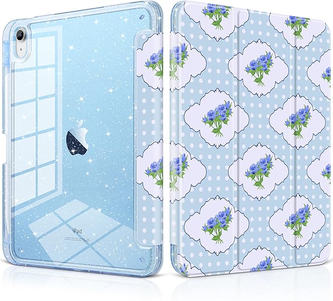 MEEgoodo Case for iPad A16 11th Generation 2025/10th Generation 2022 Glitter Tablet Cases with Transparent Acrylic Back+Trifold Stand +Pencil Holder+Auto Wake/SleepRoses &amp Blue Polka Dots