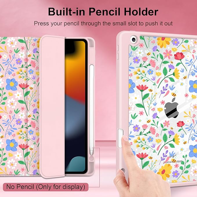 MEEgoodo Case for iPad 10.2 inchTablet Cases for iPad 9th Generation 2021/8th Gen 2020/7th Gen 2019 with Clear Acrylic Back Shell+Pencil Holder+Auto Wake/Sleep+Trifold StandFlat Spring Floral