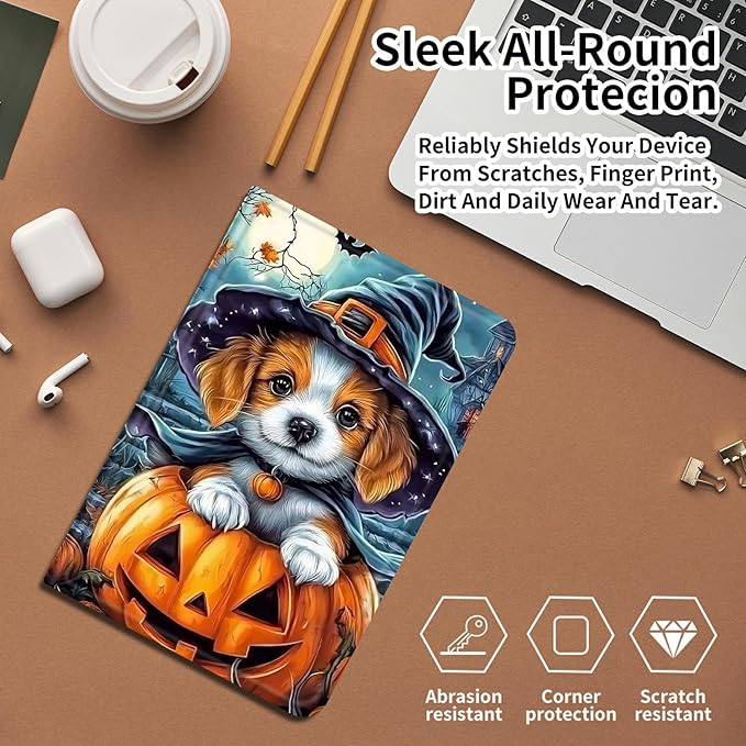 Case for Amazon Fire HD 8/ HD 8 Plus Tablet (12th/10th Generation 2024/2022/2020) PU Leather Smart Protective Cover with Auto Sleep/Wake for Fire HD 8 2024/2022Dog Wearing Witch Hat Pumpkin