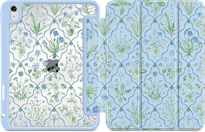 DONGKE Case for iPad (A16) 11th Generation 11 inch 2025 &amp iPad 10th Gen 10.9 inch 2022 [Built-in Pencil Holder] Clear Acrylic Back Trifold Stand Smart Cover Auto Sleep/Wake Lattice Floral