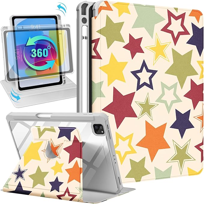 for iPad Air 11 inch Case(Air M4 2026 8th Gen/M3 2025/M2)/Air 5th/4th Gen 10.9 for iPad Pro 11 inch Case(4th/3rd/2nd/1st Gen) - 360 Rotating Smart Folio Cover with Pencil Holder Stars