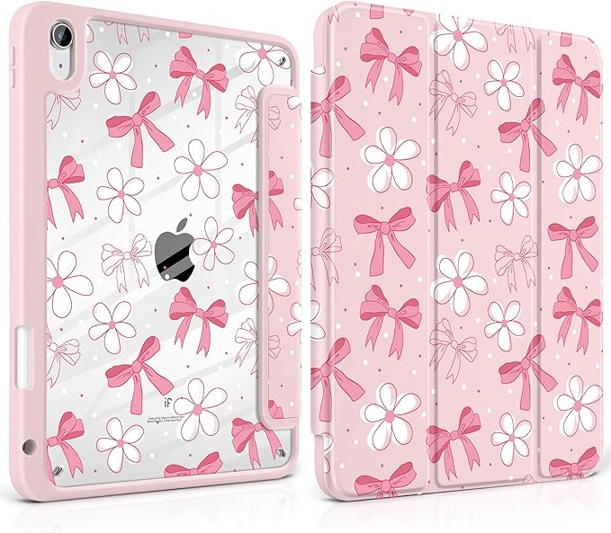 DONGKE Case for iPad (A16) 11th Generation 11 inch 2025 &amp iPad 10th Gen 10.9 inch 2022 [Built-in Pencil Holder] Clear Acrylic Back Trifold Stand Smart Cover Auto Sleep/Wake Bow &amp Daisy