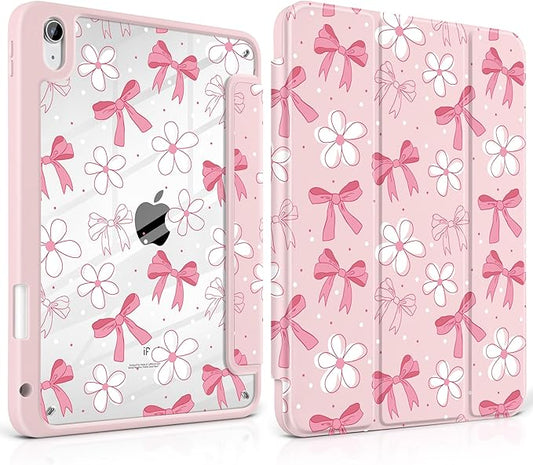 DONGKE Case for iPad (A16) 11th Generation 11 inch 2025 &amp iPad 10th Gen 10.9 inch 2022 [Built-in Pencil Holder] Clear Acrylic Back Trifold Stand Smart Cover Auto Sleep/Wake Bow &amp Daisy