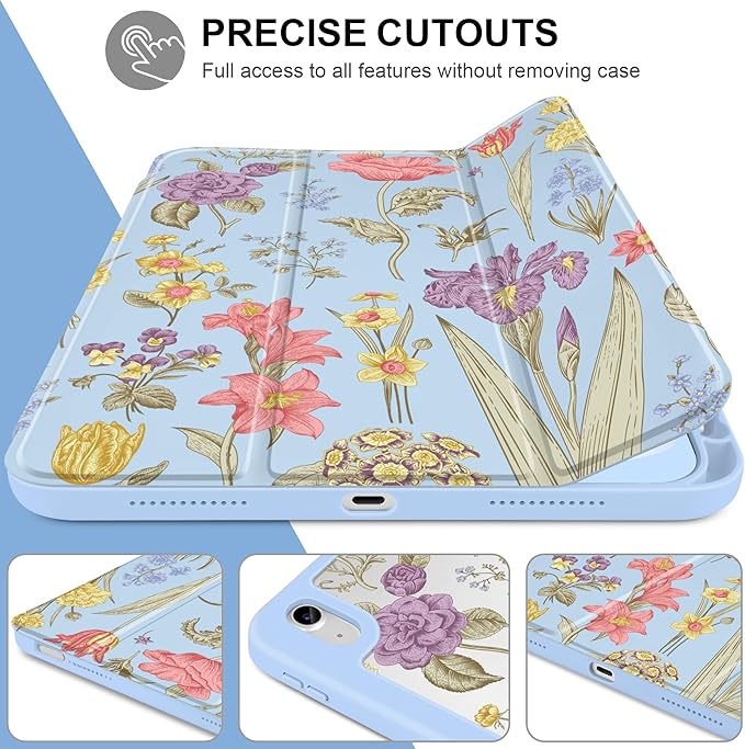 DONGKE Case for iPad (A16) 11th Generation 11 inch 2025 &amp iPad 10th Gen 10.9 inch 2022 [Built-in Pencil Holder] Clear Acrylic Back Trifold Stand Smart Cover Auto Sleep/Wake Blue Botanical Flora