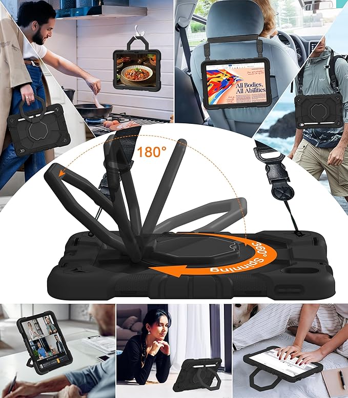 JKSML Case for iPad (A16) 11th/10th Gen | 360° Rugged Rotating Stand | Pencil Holder | Adjustable Shoulder Strap | Heavy Duty Drop Protective Cover for iPad 10.9 (2022)/ 11 (2025) - Black-z