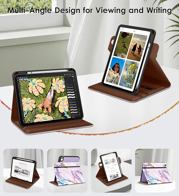 DTTO for iPad A16 Case iPad 11th / 10th Generation Case (2025/2022) 360 Degree Rotating Premium Leather Folio Stand Cover with Pencil Holder Marble Pink