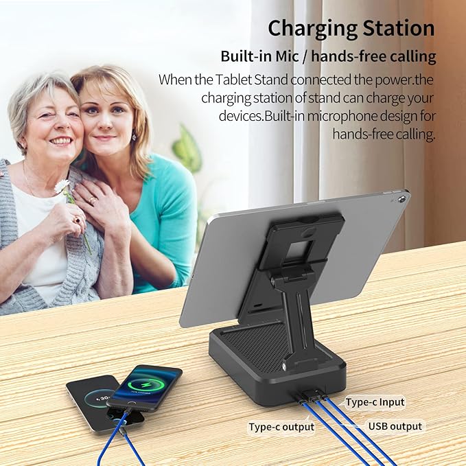 JTEMAN Tablet Stand Adjustable with Bluetooth SpeakersKitchen GadgetsGifts for Women MenWireless Bluetooth Speaker Tablet HolderDesk Mic Charging Sation Compatible with Phones and Tablet
