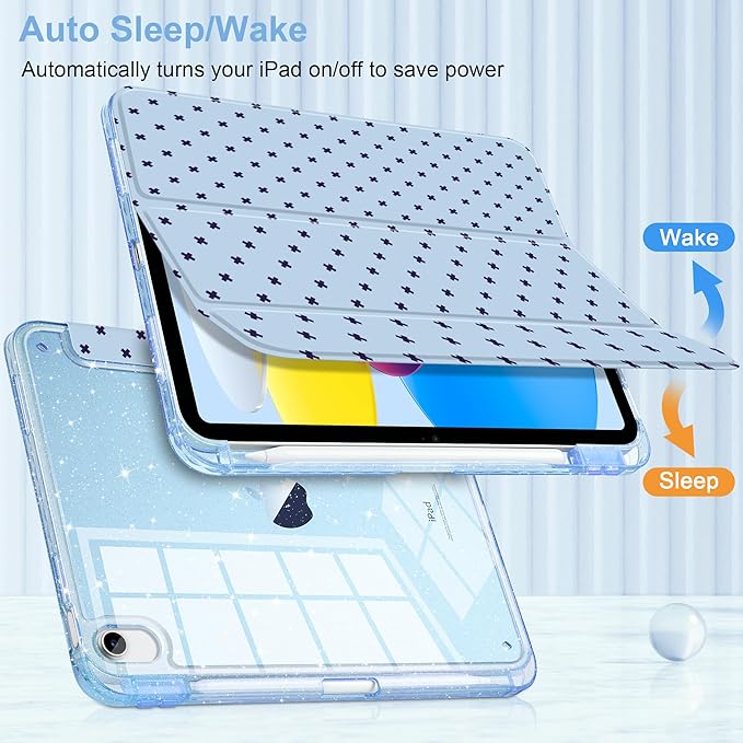 DONGKE for iPad Pro 11 inch Case – Fits M5 2025 / M4 2024 Shockproof Sparkling Glitter Acrylic Back Pencil Holder Trifold Stand Auto Sleep/Wake &amp Touch ID Support - Blue Cross Dot