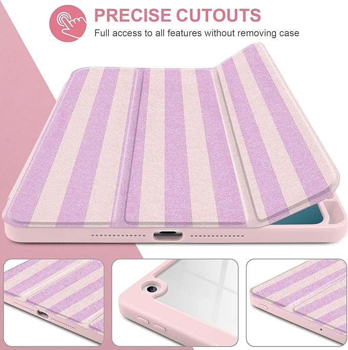 DONGKE for iPad 9th/8th/7th Generation Case 10.2 Inch (2021/2020/2019) [Auto Sleep/Wake &amp Pencil Holder] Clear Acrylic Back Trifold Stand Cover Pink Stripes