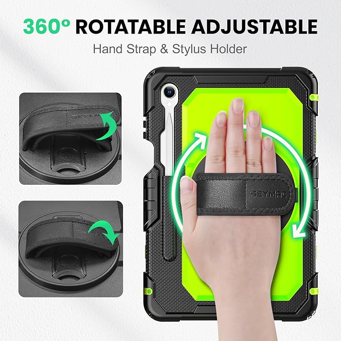 SEYMAC Case for Samsung Galaxy Tab S11 5G 2025 11 Inch Heavy Duty Shockproof Protective Case with Screen Protector 360° Rotating Stand Hand/Shoulder Strap and Pen Holder Green