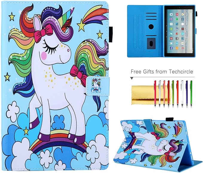 Folio Cover for Fire HD 10 (2015/2017/2019) Techcircle Slim Folding Stand PU Leather Protective Wallet Case with Smart Sleep/Wake Feature for All-New Amazon Fire HD 10.1 Tablet Rainbow Unicorn
