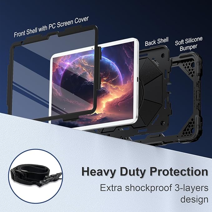 Case for iPad (A16) 11th Generation 11 Inch (2025) / iPad 10th Generation Case 10.9 Inch (2022) with 360° Rotating Stand Screen Protector Pen Holder Shoulder Strap Black