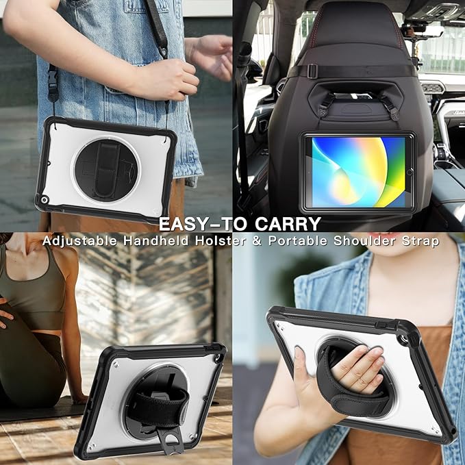 BRAECNstock for iPad 9th/ 8th/ 7th Generation Case 10.2 2021/2020/2019Shockproof Cover with 360° Rotating Hand Strap/StandScreen ProtectorCarrying Shoulder StrapPencil Holder(Black)