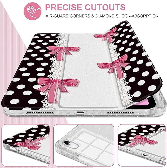 MEEgoodo Case for iPad A16 11th Generation 2025/10th Generation 2022 Glitter Tablet Cases with Transparent Acrylic Back+Trifold Stand +Pencil Holder+Auto Wake/SleepDots with Pink Bows