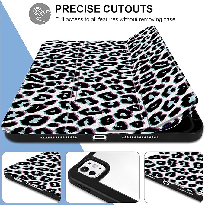 TWOLSKOO Case for iPad Pro 11-inch (M5 2025 / M4 2024) Clear Acrylic Back with TPU Bumper Pencil Holder Trifold Stand Auto Sleep/Wake Black Leopard