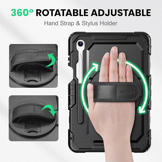 SEYMAC Case for Samsung Galaxy Tab S11 5G 2025 11 Inch Heavy Duty Shockproof Protective Case with Screen Protector 360° Rotating Stand Hand/Shoulder Strap and Pen Holder Black